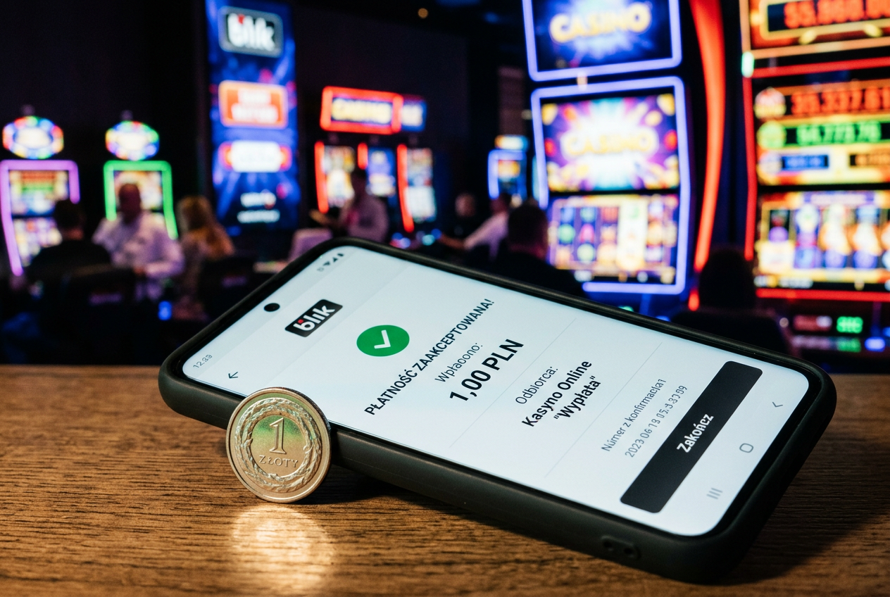 Smartphone with BLIK logo and a 1 PLN coin on a casino background