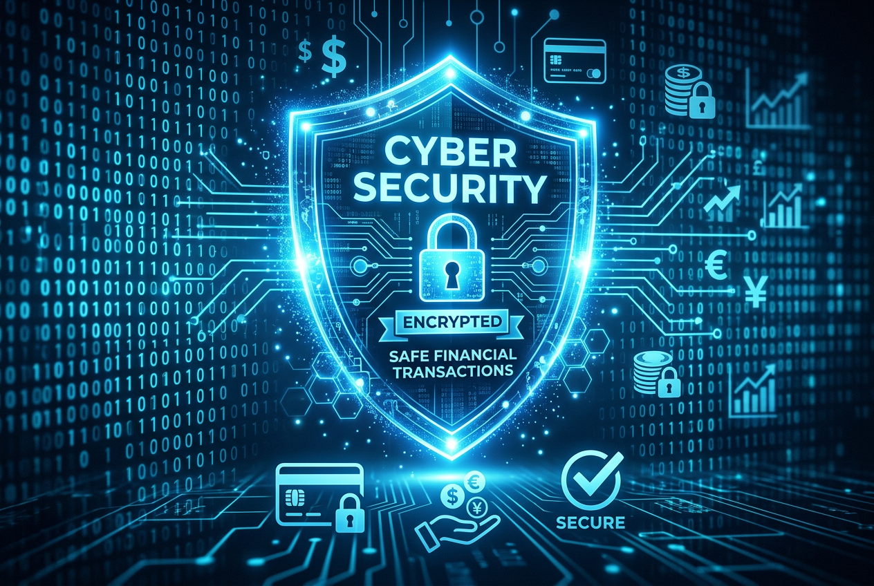 Digital security shield with glowing binary code representing financial encryption