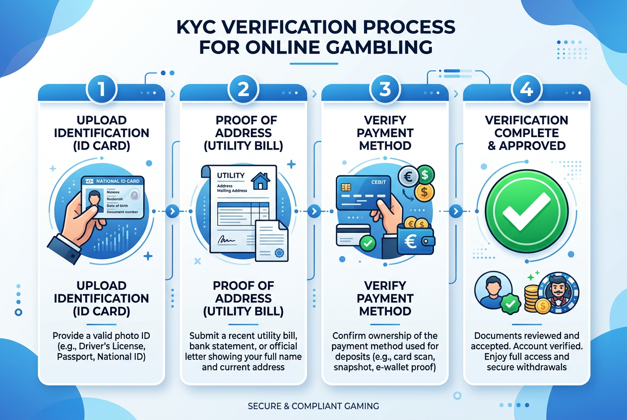 Infografika przedstawiająca kroki weryfikacji tożsamości KYC w bezpieczny sposób