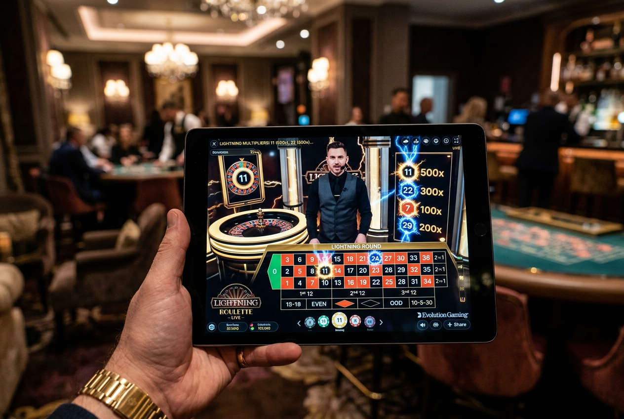Interfejs kasyna na żywo Lightning Roulette wyświetlany na ekranie tabletu z widocznymi mnożnikami