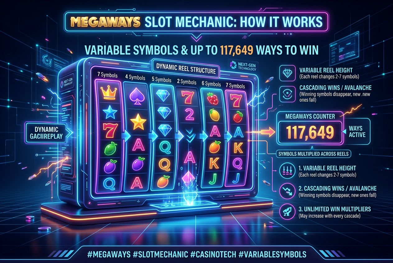 Ilustracja mechaniki slotów Megaways z neonowymi detalami i cyfrowym stylem